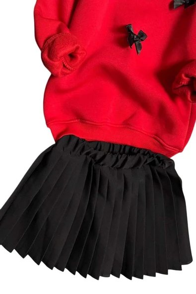 Kız Çocuk Kurdela Detaylı 3 İplik Kazak Pileli Siyah Etekli Takım - 6