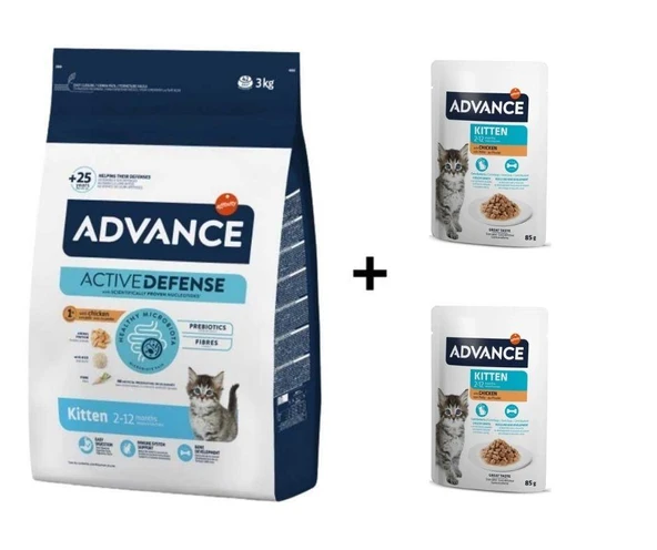 Advance Kitten Tavuklu ve Pirinçli Yavru Kedi Maması 3 Kg + 2 Adet Advance Tavuklu Yavru Kedi Pouch Yaş Maması 85 Gr ürün görseli 1