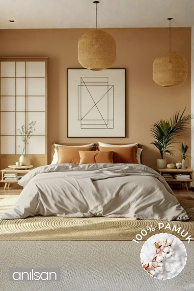 Düz Pudra Çift Kişilik Lastikli Çarşaf Düğmeli Nevresim Takım %100 Pamuk 2 Adet Yastık Kılıf