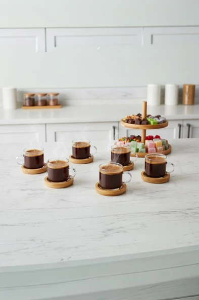 Atbyhome 12 Parça Cam Kahve Sunum Seti Bambu Altlıklı Fincan Takımı - Resim 2