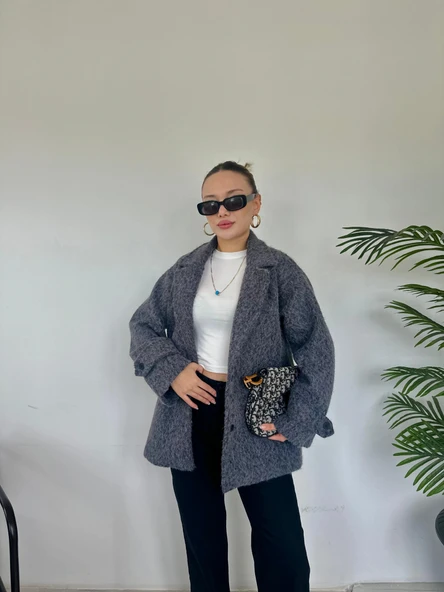 Kadın Sakallı Kaşe Kaban Gri - 3