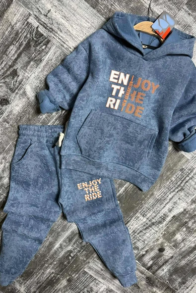 Erkek Çocuk Enjoy The Kalıp Baskılı Kapşonlu Sweatshirt Mavi Eşofman Takım ürün görseli