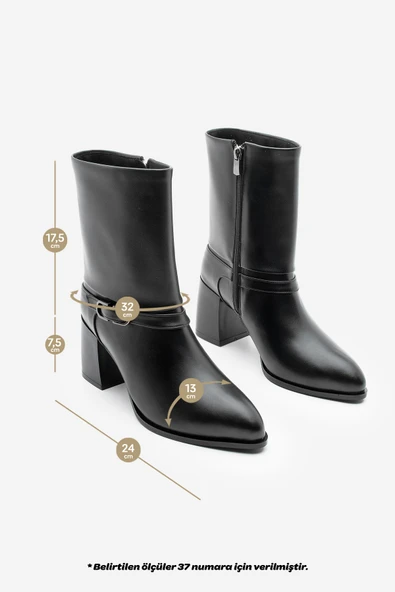 Potinonline K946 Kadın Sivri Burun Kemer Detaylı Kalın Topuklu Bot - 5