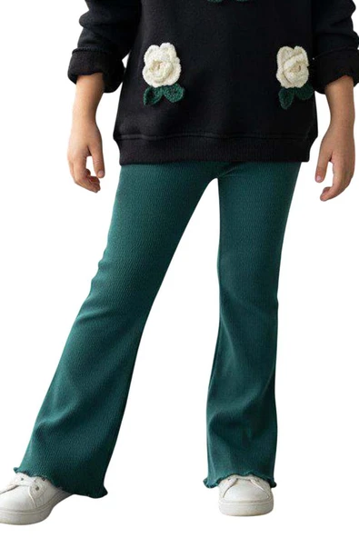 Kız Çocuk Üzeri Gül Figürlü 3 İplik Siyah Kazak Bol Kesim Skuba Kumaş Alt Üst Takım - 7