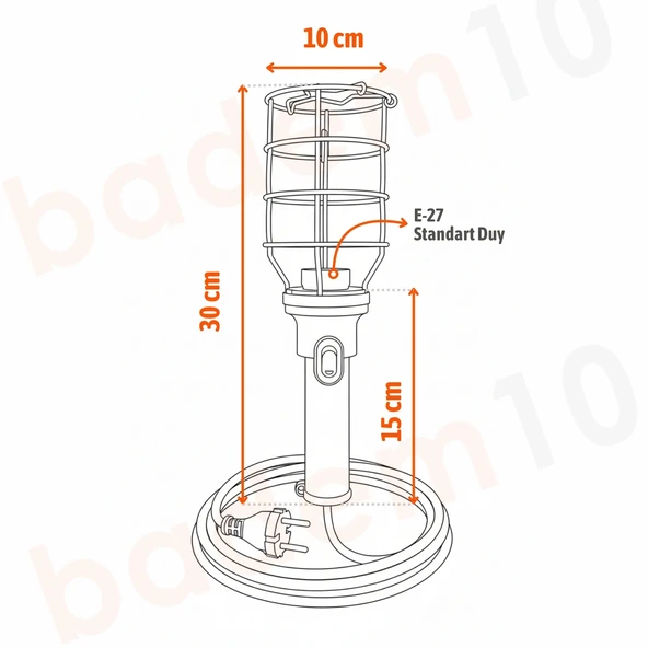 Siyah Plastik Saplı Metal Koruma Kafesli 5 metre kablolu E27 Standart Duy Seyyar El Lambası - Resim 5