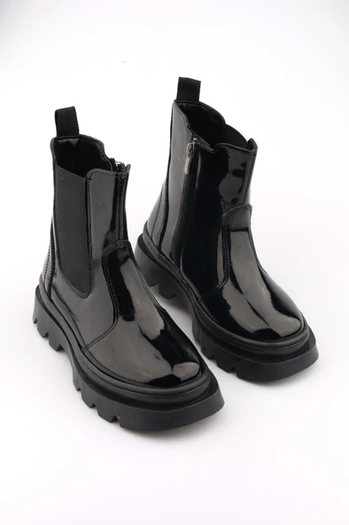 Yüksek Taban Lastikli Fermuarlı Rugan Siyah Çocuk Bot