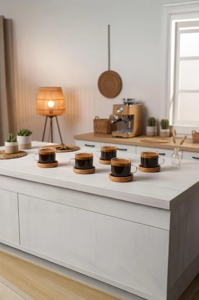 Atbyhome 12 Parça Cam Kahve Sunum Seti Bambu Altlıklı Fincan Takımı - Resim 3