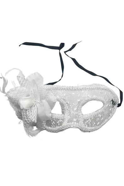 Tüllü Çiçekli Lüks Plastik Maske Beyaz - Resim 3