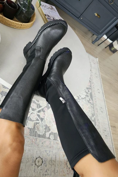 OPS 022 24579 Topukla Kadın Hakiki Deri Siyah Çizme - 3