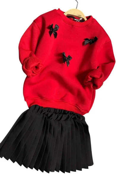 Kız Çocuk Kurdela Detaylı 3 İplik Kazak Pileli Siyah Etekli Takım - 4