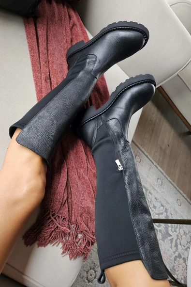 OPS 022 24579 Topukla Kadın Hakiki Deri Siyah Çizme