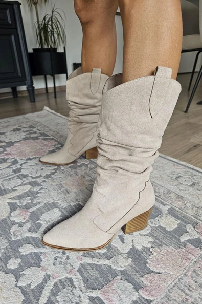 019 043 Topukla Kadın Kalın Topuklu Kovboy Yarım Çizme - Resim 4