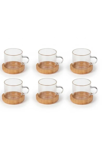 Atbyhome 12 Parça Cam Kahve Sunum Seti Bambu Altlıklı Fincan Takımı - Resim 5