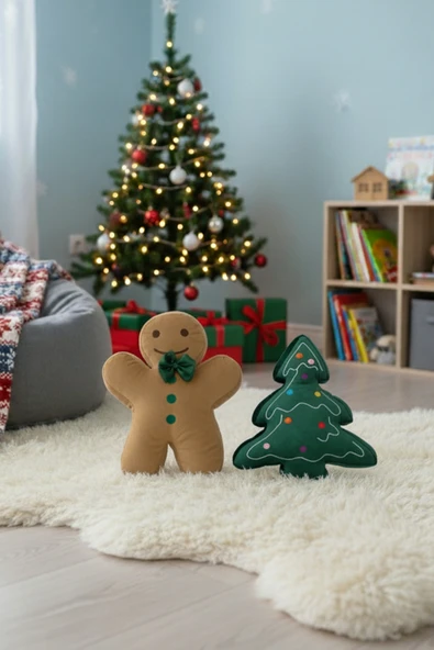 2’li Peluş Set – Kurabiye Adam ve Çam Ağacı Hediyelik Dekoratif Oyuncak Yastık