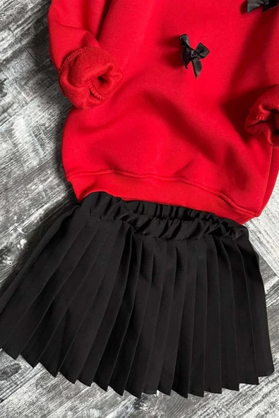 Kız Çocuk Kurdela Detaylı 3 İplik Kazak Pileli Siyah Etekli Takım - 3