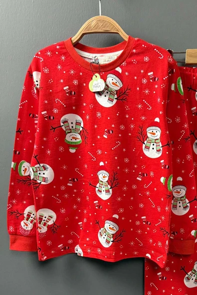 Erkek Çocuk Üzeri Kardan Adam ve Noel Baskılı Kırmızı Pijama Takımı - Resim 2