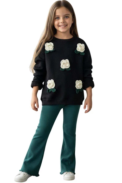 Kız Çocuk Üzeri Gül Figürlü 3 İplik Siyah Kazak Bol Kesim Skuba Kumaş Alt Üst Takım - 5