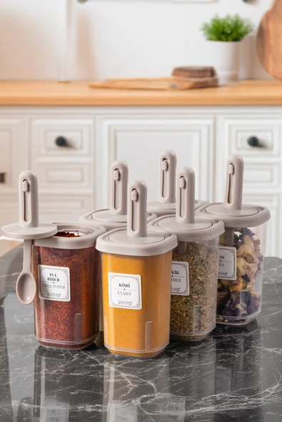 Porsima 4362 Kaydırmalı Kaşıklı Baharatlık Seti 6'lı Şeffaf - Cappucino - Resim 3
