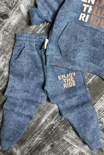 Erkek Çocuk Enjoy The Kalıp Baskılı Kapşonlu Sweatshirt Mavi Eşofman Takım - Resim 3