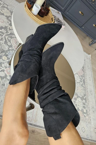 019 043 Topukla Kadın Kalın Topuklu Kovboy Yarım Çizme - Resim 7