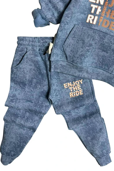 Erkek Çocuk Enjoy The Kalıp Baskılı Kapşonlu Sweatshirt Mavi Eşofman Takım - Resim 6