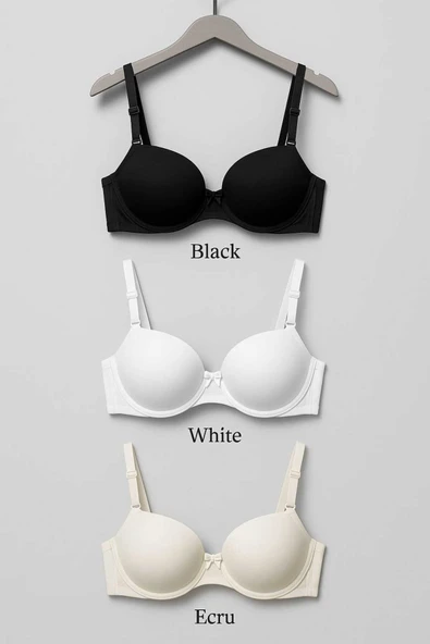 STORMED Ekstra Dolgulu Tam Destekli 3'lü Set SİYAH BEYAZ EKRU Sütyen 100 - Resim 2
