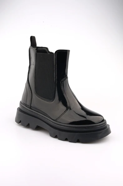 Yüksek Taban Lastikli Fermuarlı Rugan Siyah Çocuk Bot - 8