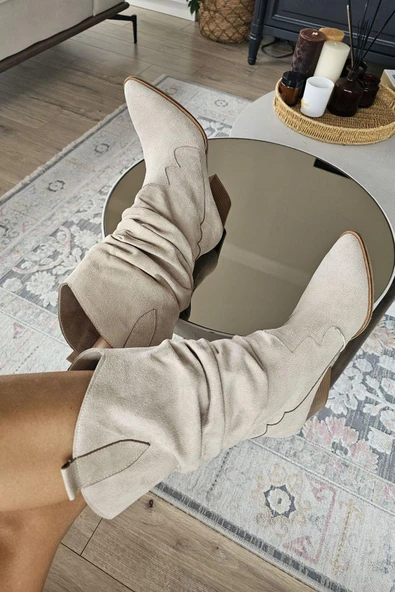 019 043 Topukla Kadın Kalın Topuklu Kovboy Yarım Çizme - Resim 6