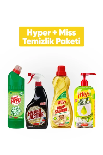 Hyper + Miss Temizlik Paketi (Çamaşır Suyu, Yağ Çözücü, Arap Sabunu, Bulaşık Deterjanı)