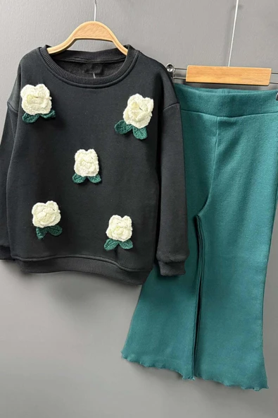 Kız Çocuk Üzeri Gül Figürlü 3 İplik Siyah Kazak Bol Kesim Skuba Kumaş Alt Üst Takım - 4