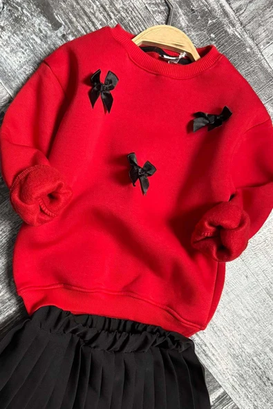 Kız Çocuk Kurdela Detaylı 3 İplik Kazak Pileli Siyah Etekli Takım - 2