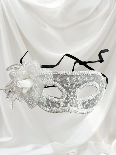 Tüllü Çiçekli Lüks Plastik Maske Beyaz ürün görseli