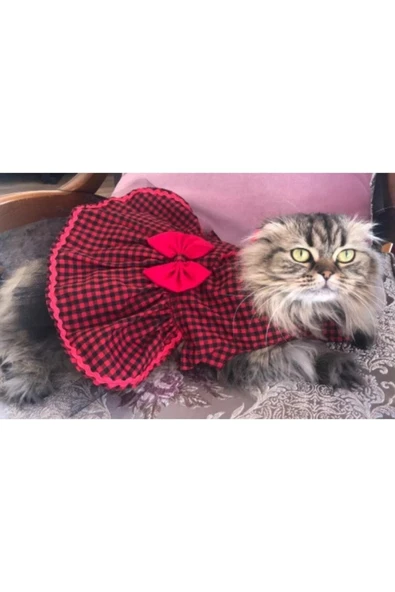 Gobo Kırmızı Siyah Kareli Kırmızı Papyonlu Dişi Kedi Köpek Kıyafeti Elbisesi Medium/m/beden 2 - Resim 5