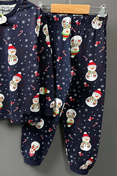 Erkek Çocuk Üzeri Kardan Adam ve Noel Baskılı Lacivert Pijama Takımı - Resim 3