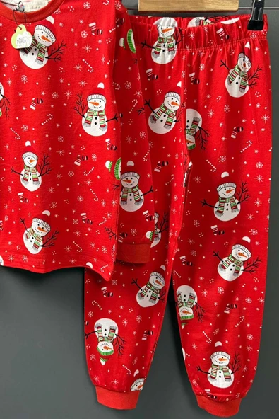 Erkek Çocuk Üzeri Kardan Adam ve Noel Baskılı Kırmızı Pijama Takımı - Resim 3