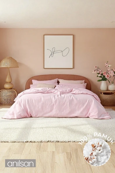 Düz Pudra Çift Kişilik Lastikli Çarşaf Düğmeli Nevresim Takım %100 Pamuk 2 Adet Yastık Kılıf