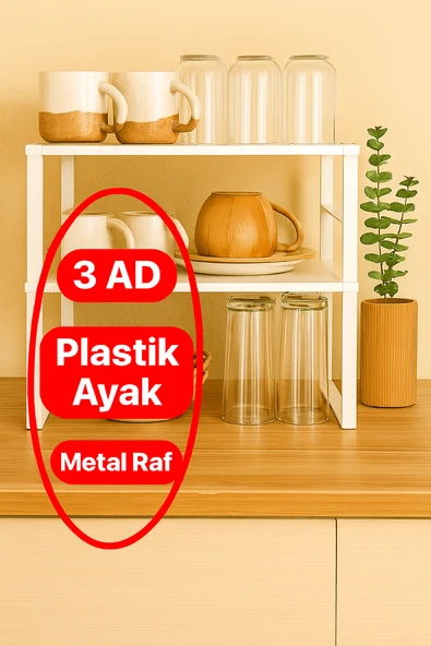 Metal Dolap İçi Raf 3 Tane,  Bardak, Baharat, Tabak Düzenleyici Organizer, Alan Tasarrufu ürün görseli