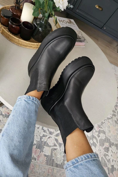 OPS 075 6333 Topukla Kadın Hakiki Deri Yanları Lastikli Kalın Tabanlı Bot - Resim 5