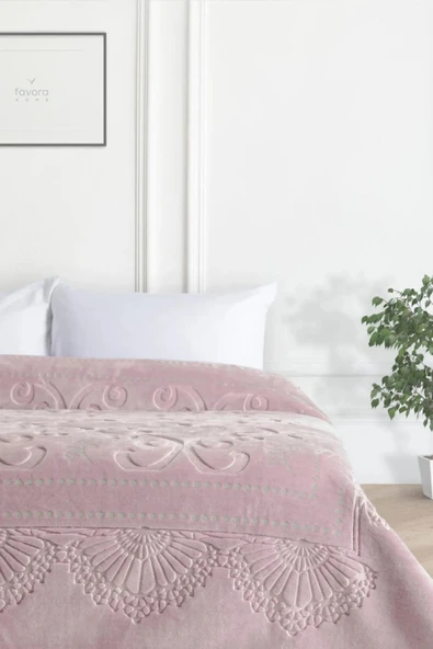 Merinos Pırıltı Embos Çift Kişilik Gümüş Detaylı Battaniye - Pudra-silver