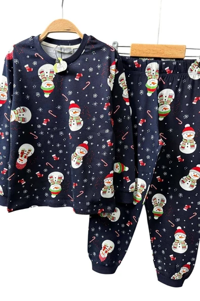 Erkek Çocuk Üzeri Kardan Adam ve Noel Baskılı Lacivert Pijama Takımı - Resim 4