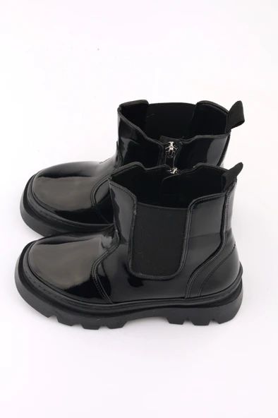 Yüksek Taban Lastikli Fermuarlı Rugan Siyah Çocuk Bot - 3