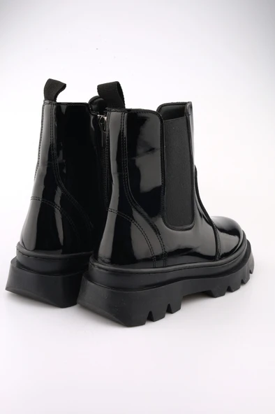 Yüksek Taban Lastikli Fermuarlı Rugan Siyah Çocuk Bot - 6