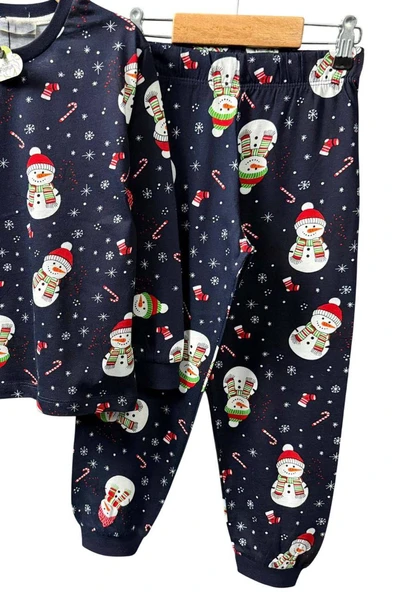 Erkek Çocuk Üzeri Kardan Adam ve Noel Baskılı Lacivert Pijama Takımı - Resim 6