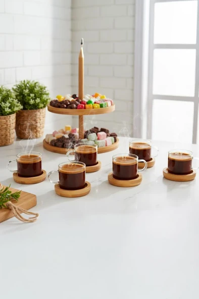 Atbyhome 12 Parça Cam Kahve Sunum Seti Bambu Altlıklı Fincan Takımı ürün görseli