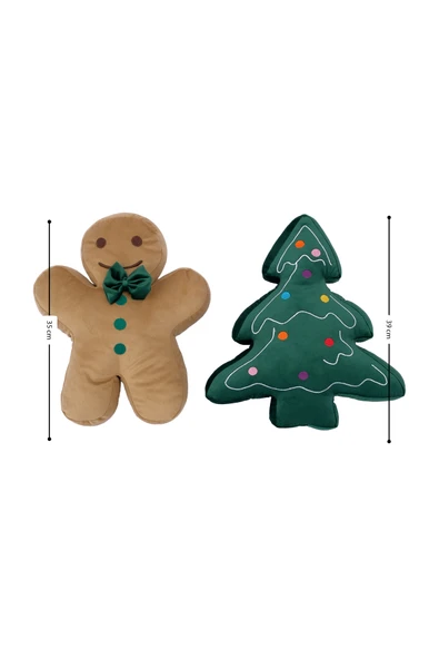 2’li Peluş Set – Kurabiye Adam ve Çam Ağacı Hediyelik Dekoratif Oyuncak Yastık - 2