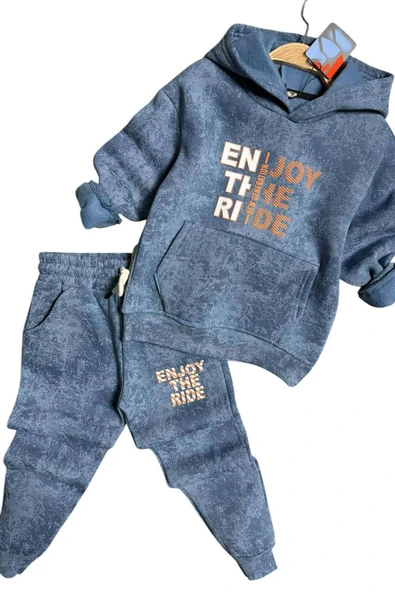 Erkek Çocuk Enjoy The Kalıp Baskılı Kapşonlu Sweatshirt Mavi Eşofman Takım - Resim 4