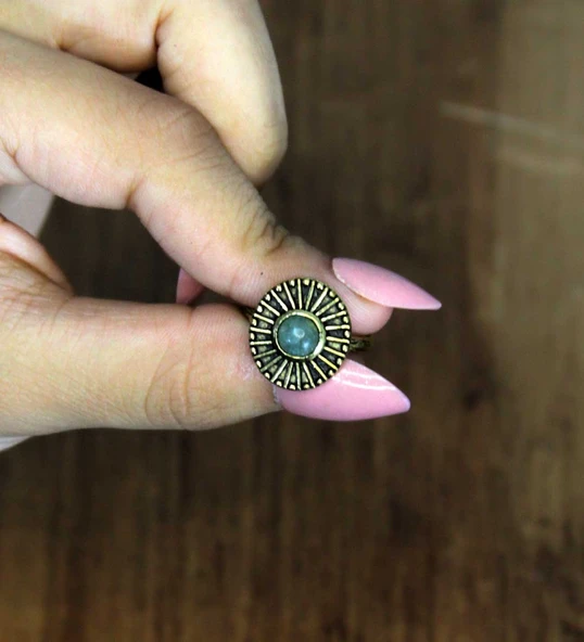 Doğal Taş Yeşil Akik Yuvarlak Doğal Taşlı Antik Model Kadın Ayarlanabillir Yüzük euy70ya - Resim 3