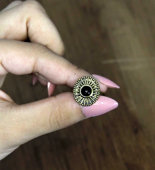 Doğal Taş Oniks Yuvarlak Doğal Taşlı Antik Model Kadın Ayarlanabillir Yüzük euy70o - Resim 3