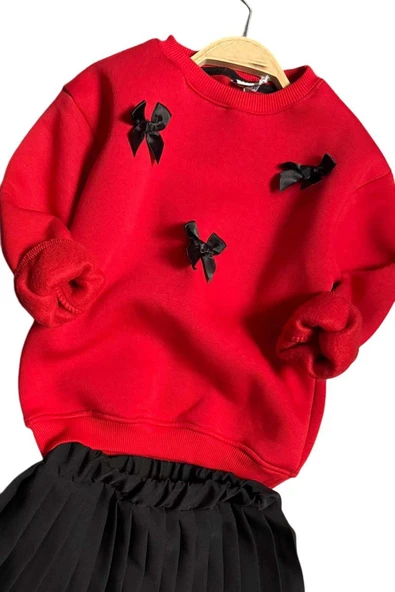 Kız Çocuk Kurdela Detaylı 3 İplik Kazak Pileli Siyah Etekli Takım - 5