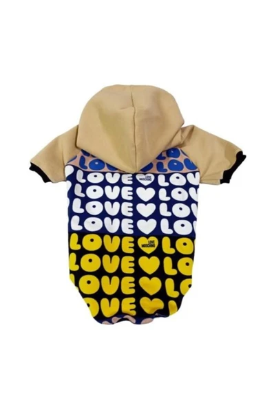 Gobo Bej Kapüşonlu Love Desenli Kedi Köpek Kıyafeti Elbisesi Medium/m/beden 2 - 2